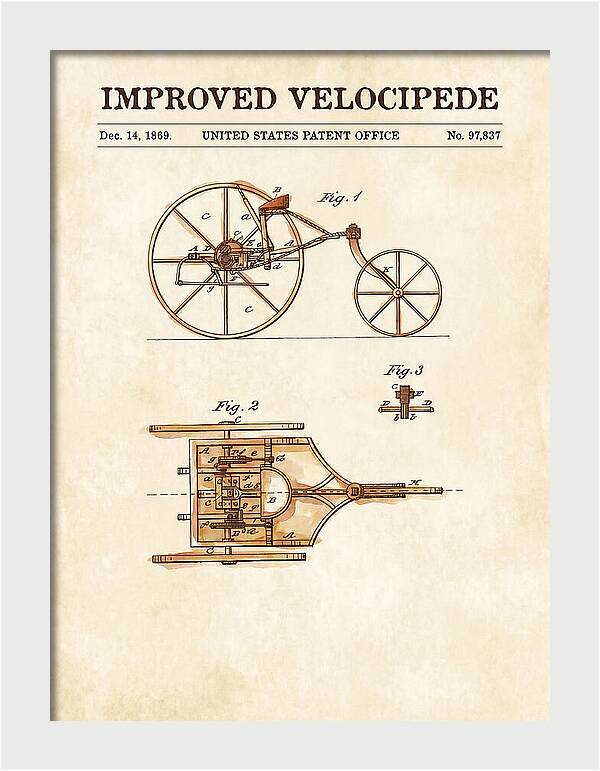 Improved Velocipede Watercolor Patent Us97837a