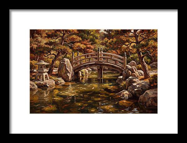 Japanese Moon Bridge Over Koi Pond