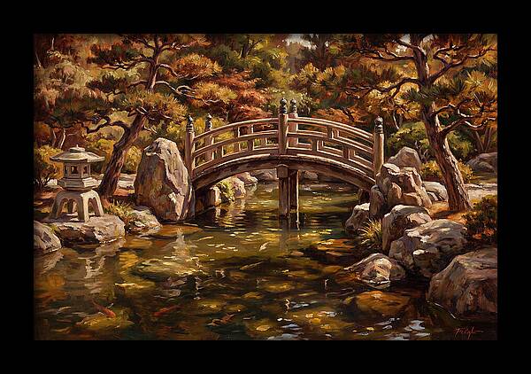 Japanese Moon Bridge Over Koi Pond