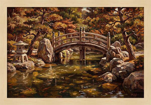 Japanese Moon Bridge Over Koi Pond