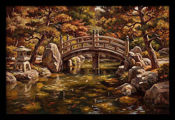 Japanese Moon Bridge Over Koi Pond