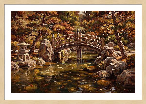 Japanese Moon Bridge Over Koi Pond