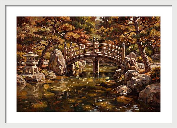 Japanese Moon Bridge Over Koi Pond