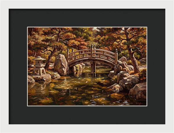 Japanese Moon Bridge Over Koi Pond