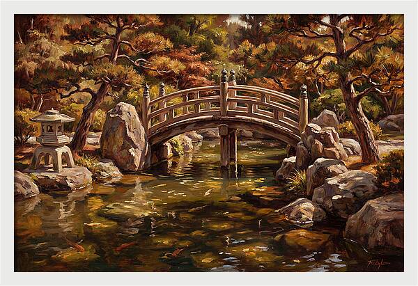 Japanese Moon Bridge Over Koi Pond
