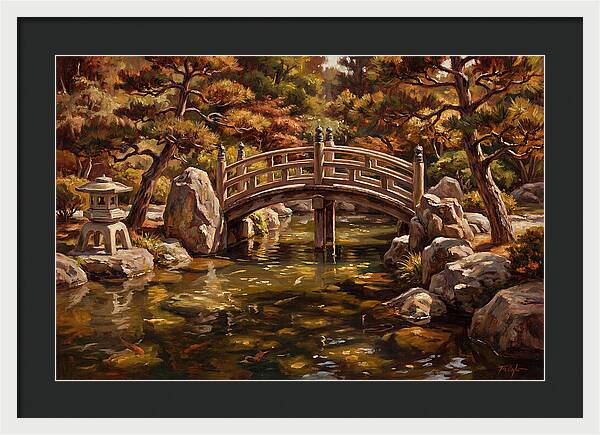 Japanese Moon Bridge Over Koi Pond
