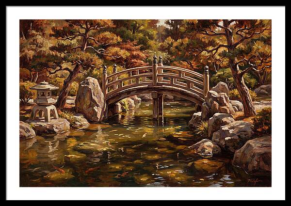 Japanese Moon Bridge Over Koi Pond
