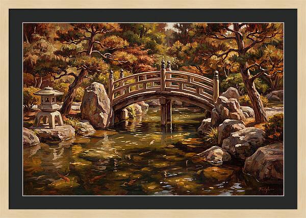 Japanese Moon Bridge Over Koi Pond