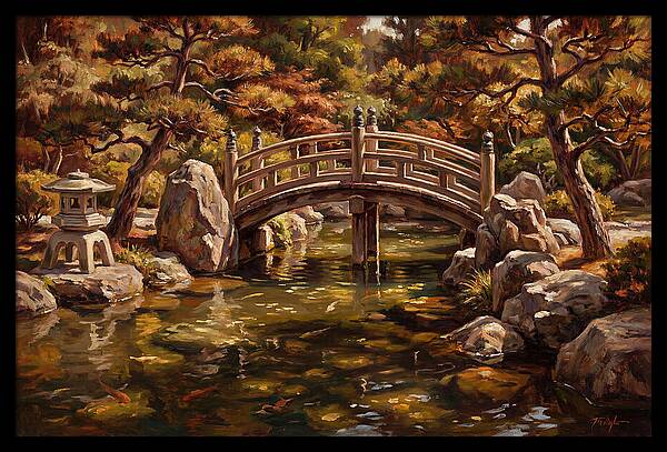 Japanese Moon Bridge Over Koi Pond