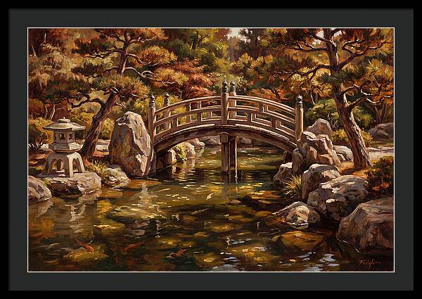 Japanese Moon Bridge Over Koi Pond