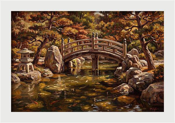 Japanese Moon Bridge Over Koi Pond