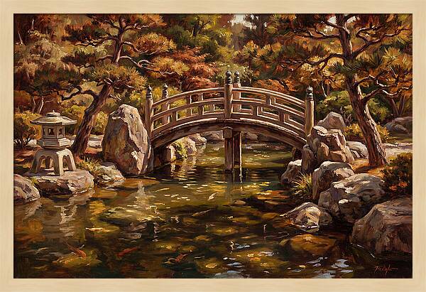 Japanese Moon Bridge Over Koi Pond