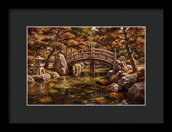 Japanese Moon Bridge Over Koi Pond