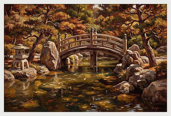 Japanese Moon Bridge Over Koi Pond