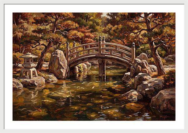 Japanese Moon Bridge Over Koi Pond