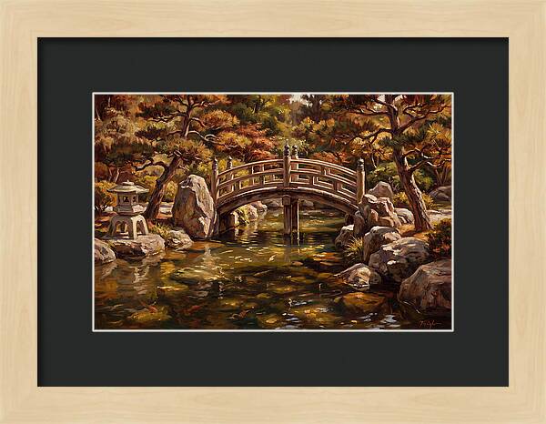 Japanese Moon Bridge Over Koi Pond