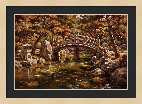 Japanese Moon Bridge Over Koi Pond