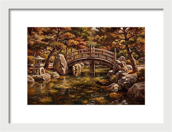 Japanese Moon Bridge Over Koi Pond