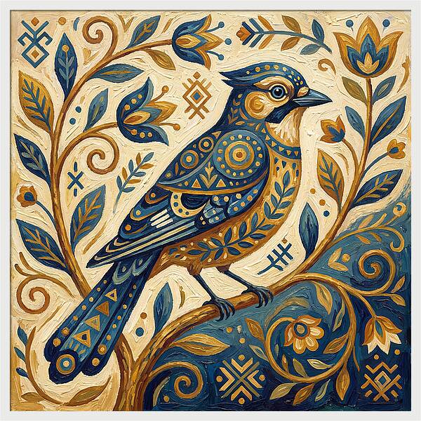 Jay Bird Among Floral Patterns