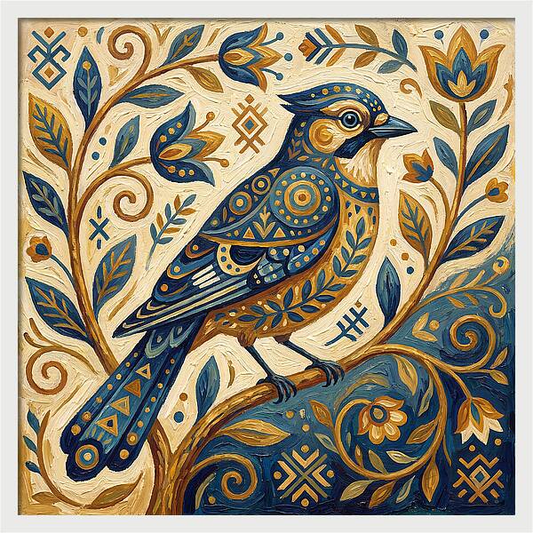 Jay Bird Among Floral Patterns