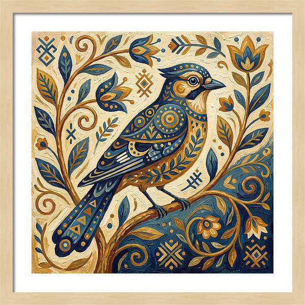 Jay Bird Among Floral Patterns