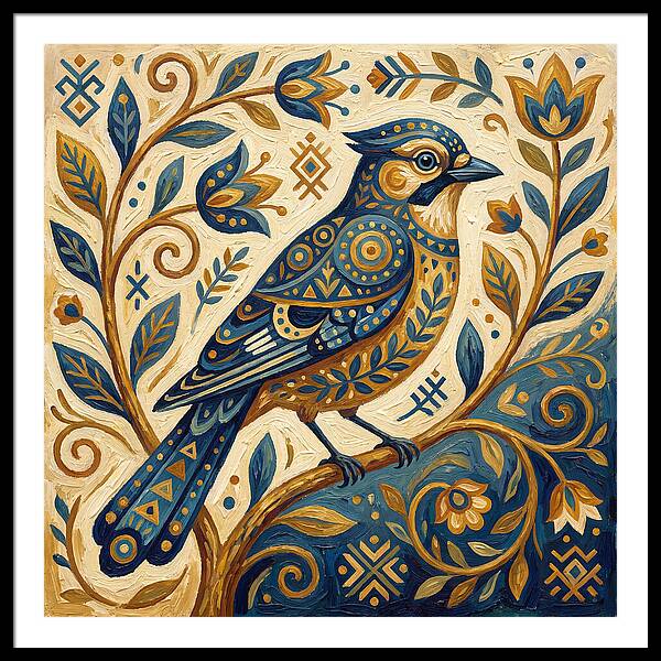Jay Bird Among Floral Patterns