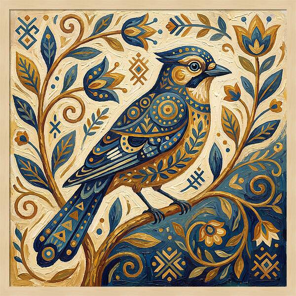 Jay Bird Among Floral Patterns