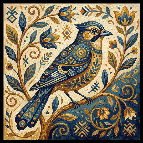 Jay Bird Among Floral Patterns