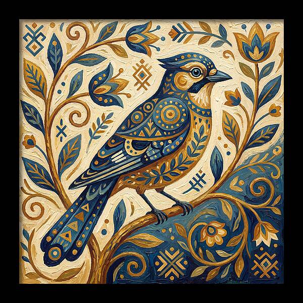 Jay Bird Among Floral Patterns