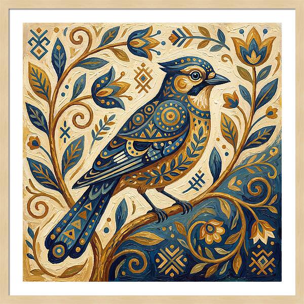 Jay Bird Among Floral Patterns