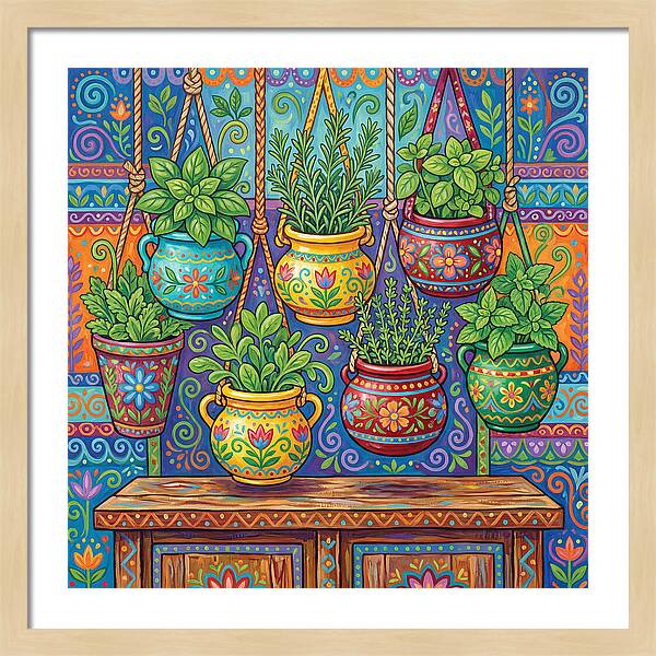 Kitchen Herbs In Colorful Pots