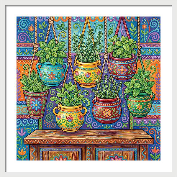 Kitchen Herbs In Colorful Pots