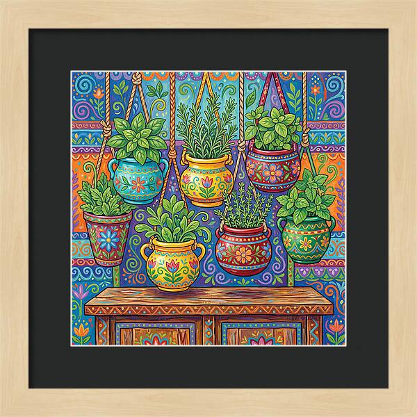 Kitchen Herbs In Colorful Pots