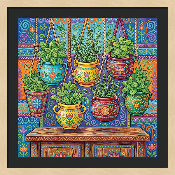 Kitchen Herbs In Colorful Pots