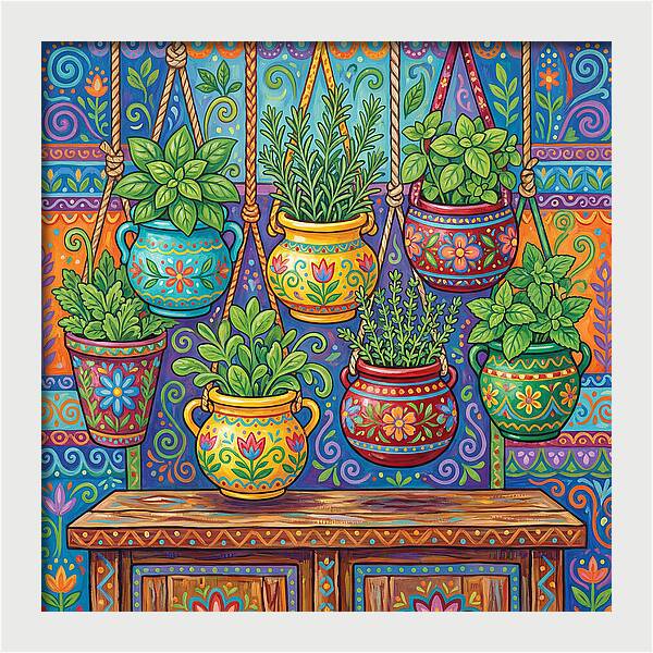 Kitchen Herbs In Colorful Pots