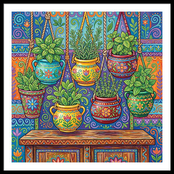 Kitchen Herbs In Colorful Pots