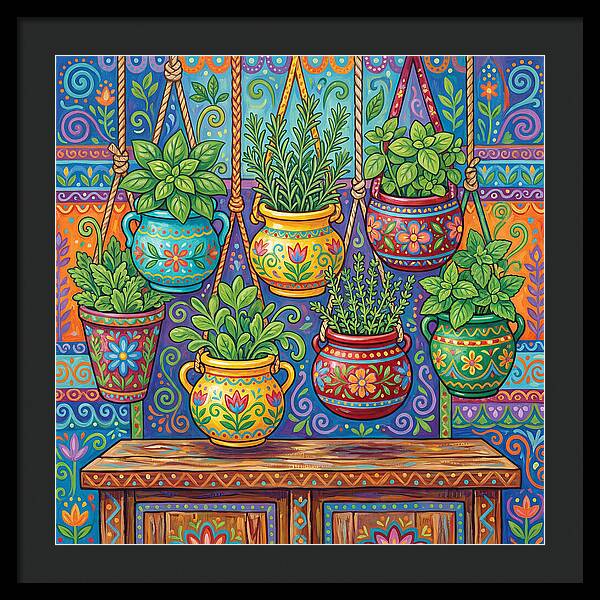 Kitchen Herbs In Colorful Pots