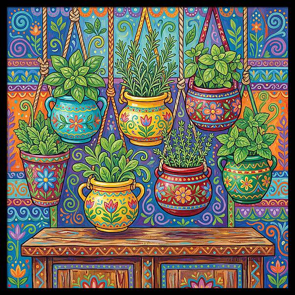 Kitchen Herbs In Colorful Pots