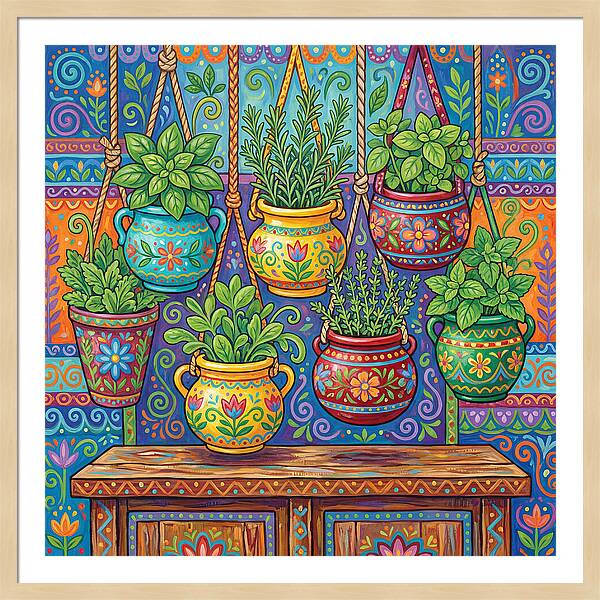 Kitchen Herbs In Colorful Pots