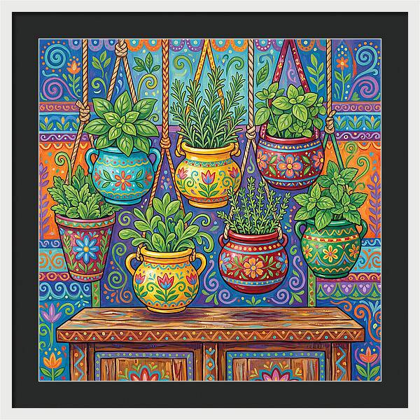 Kitchen Herbs In Colorful Pots