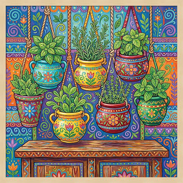 Kitchen Herbs In Colorful Pots