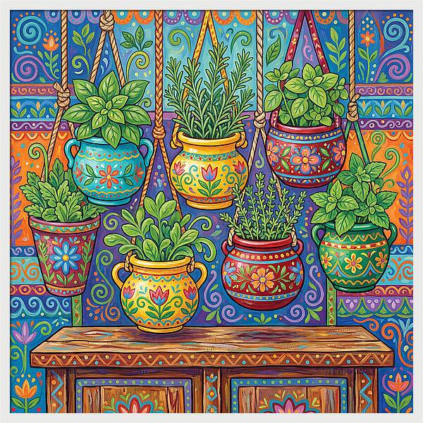 Kitchen Herbs In Colorful Pots
