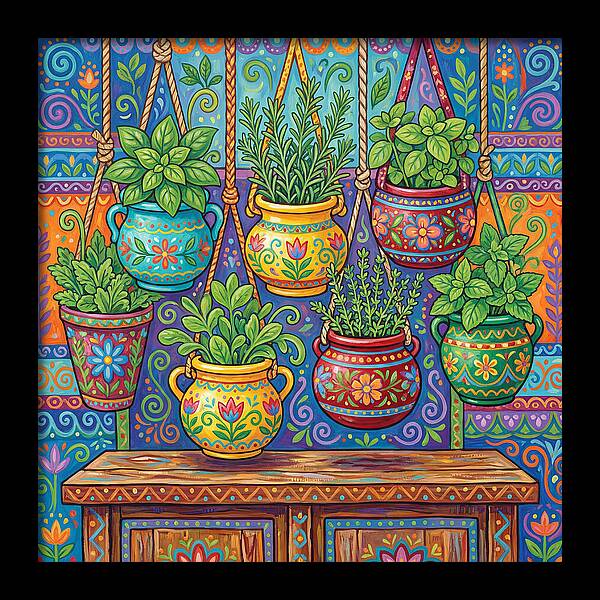 Kitchen Herbs In Colorful Pots
