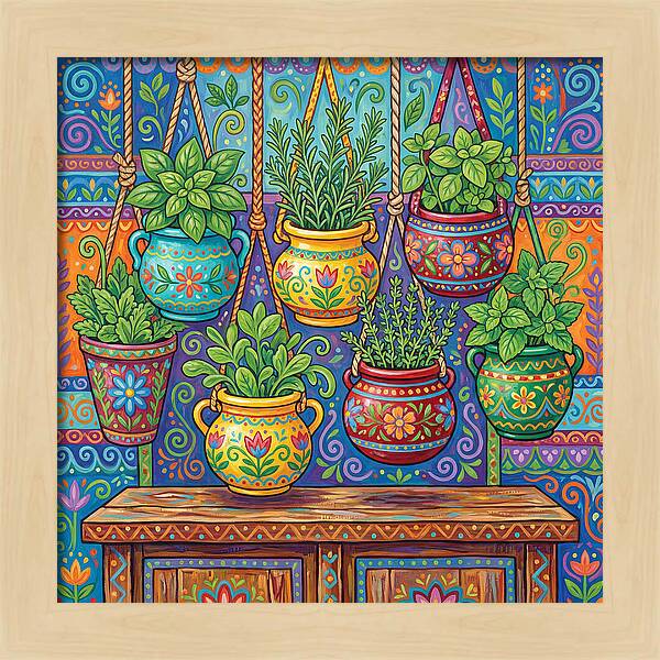 Kitchen Herbs In Colorful Pots