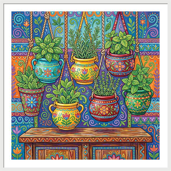 Kitchen Herbs In Colorful Pots