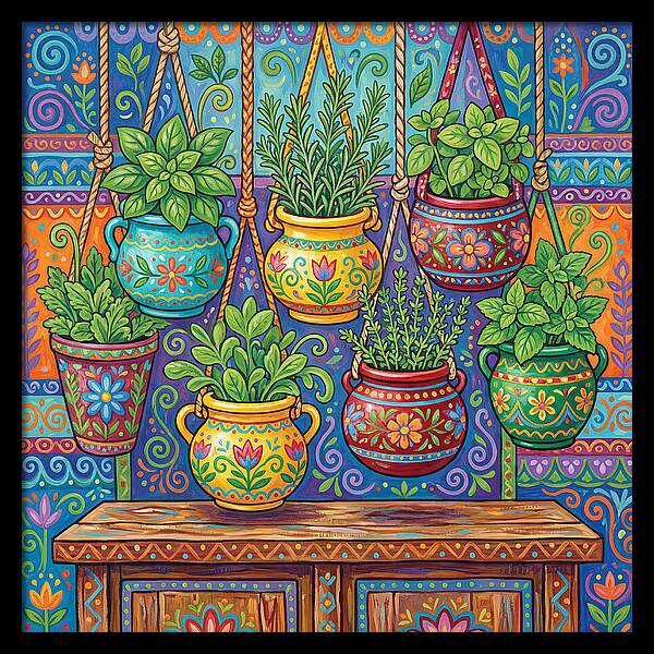 Kitchen Herbs In Colorful Pots