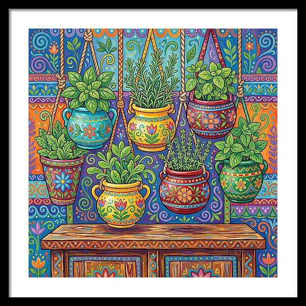 Kitchen Herbs In Colorful Pots