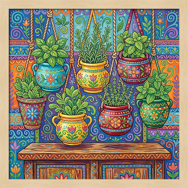 Kitchen Herbs In Colorful Pots