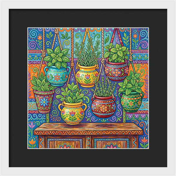 Kitchen Herbs In Colorful Pots