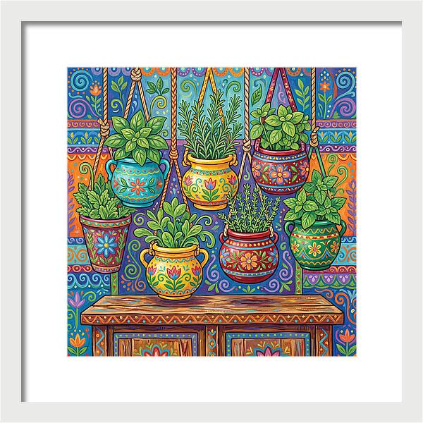 Kitchen Herbs In Colorful Pots